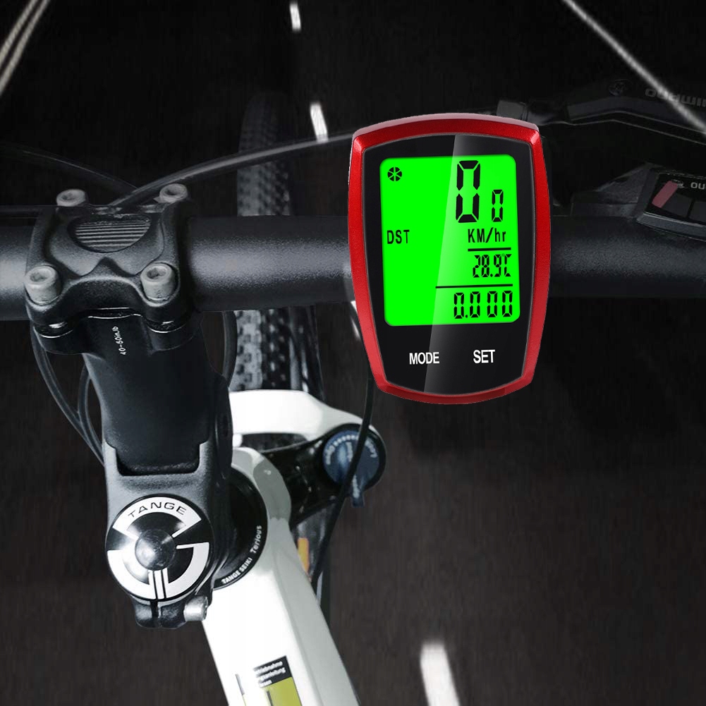 Licznik rowerowy WODOODPORNY termometr tryb noc PRĘDKOŚCIOMIERZ LCD PRO Funkcje podstawowe czas jazdy dystans całkowity dystans etapu prędkość chwilowa prędkość maksymalna prędkość średnia zegar